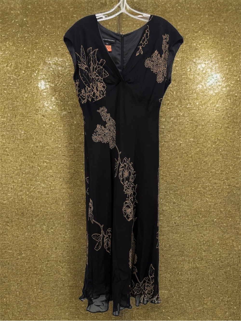 Jones New York Black Chiffon lined Dress with Gold Floral 12 Cocktail Sexy maxi